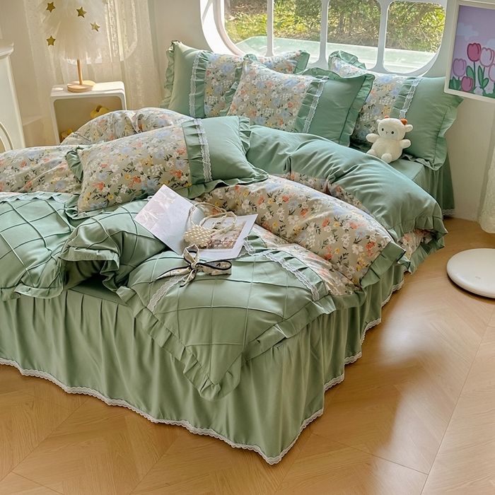 91家纺网 家纺一手货源 找家纺 金米诺 2024新款蝴蝶结韩版蕾丝花边床裙四件套 香草集-灰绿