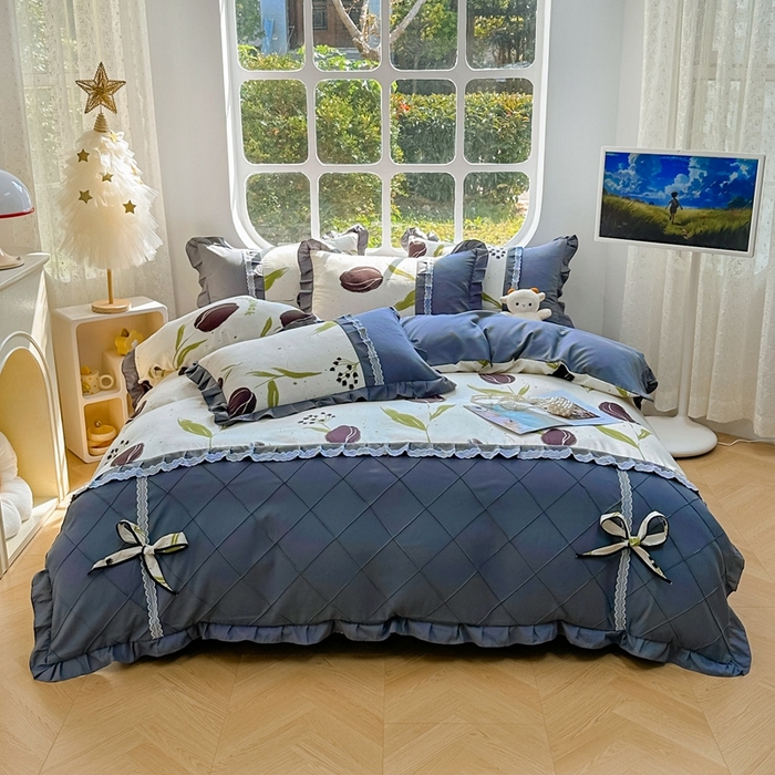 91家纺网 家纺一手货源 找家纺 金米诺 2024新款蝴蝶结韩版蕾丝花边床裙四件套 花暖迎春-米