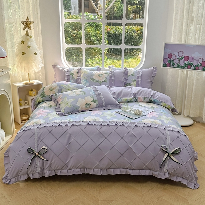 91家纺网 家纺一手货源 找家纺 金米诺 2024新款蝴蝶结韩版蕾丝花边床裙四件套 雨后花园-清新灰