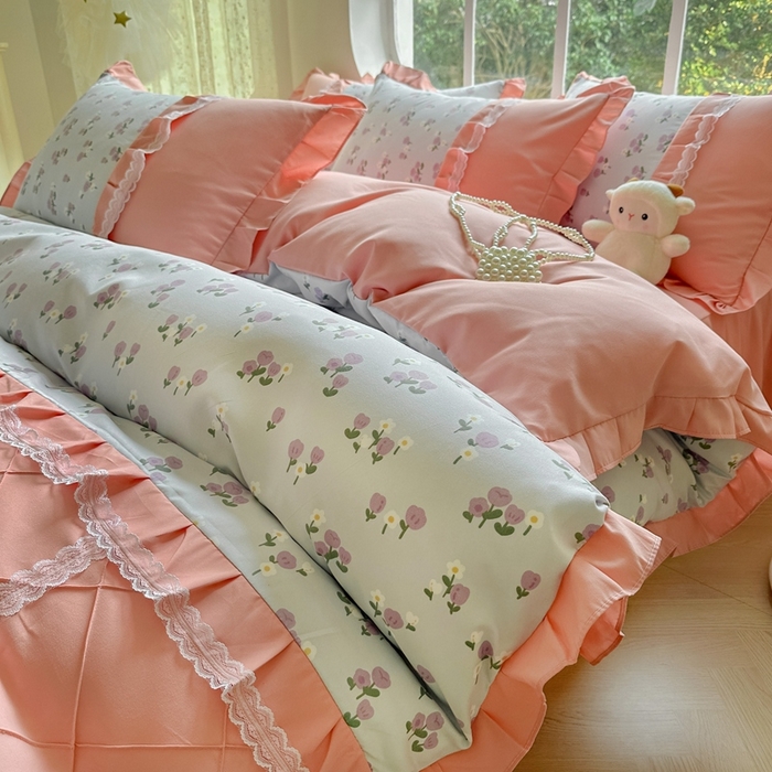 91家纺网 家纺一手货源 找家纺 金米诺 2024新款蝴蝶结韩版蕾丝花边床裙四件套 锦香婷-沁蓝