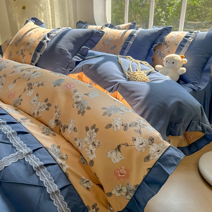 91家纺网 家纺一手货源 找家纺 金米诺 2024新款蝴蝶结韩版蕾丝花边床裙四件套 莫颜-浅驼