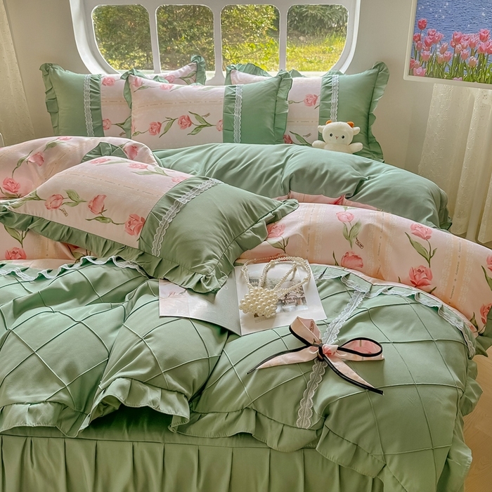 91家纺网 家纺一手货源 找家纺 金米诺 2024新款蝴蝶结韩版蕾丝花边床裙四件套 泫雅-樱桃粉