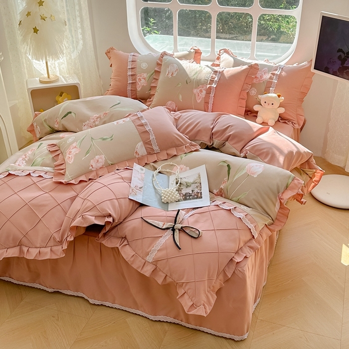 91家纺网 家纺一手货源 找家纺 金米诺 2024新款蝴蝶结韩版蕾丝花边床裙四件套 旋风记忆-温情咖