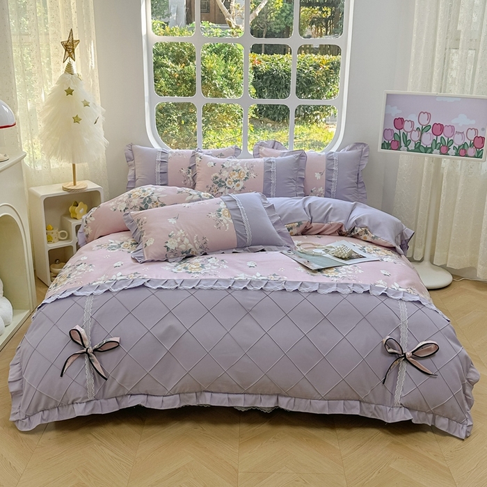 91家纺网 家纺一手货源 找家纺 金米诺 2024新款蝴蝶结韩版蕾丝花边床裙四件套 漫花山影-清新粉