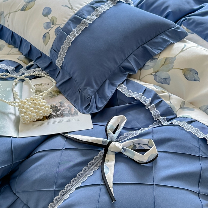 91家纺网 家纺一手货源 找家纺 金米诺 2024新款蝴蝶结韩版蕾丝花边床裙四件套 澜叶-珍珠白