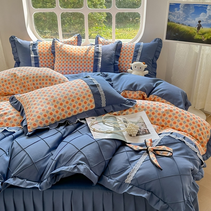 91家纺网 家纺一手货源 找家纺 金米诺 2024新款蝴蝶结韩版蕾丝花边床裙四件套 蒙德里安-香桔