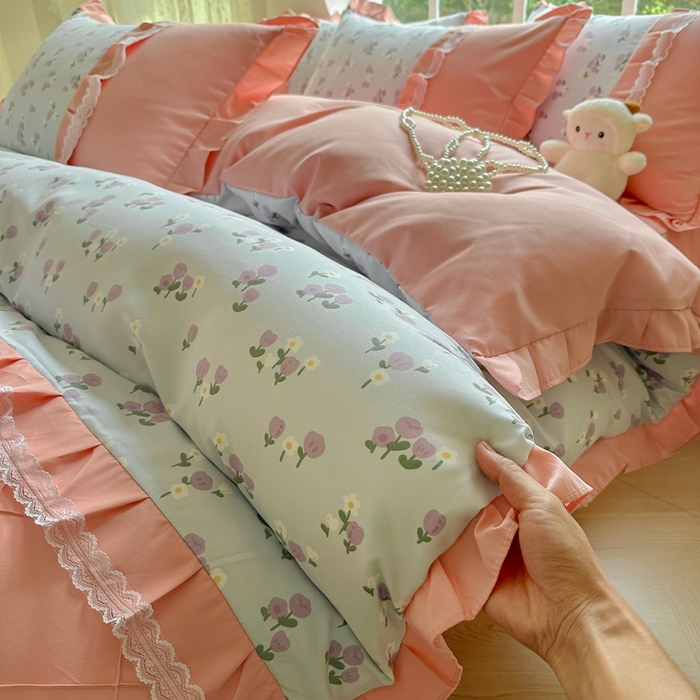 91家纺网 家纺一手货源 找家纺 金米诺 2024新款蝴蝶结韩版蕾丝花边床裙四件套 锦香婷-沁蓝