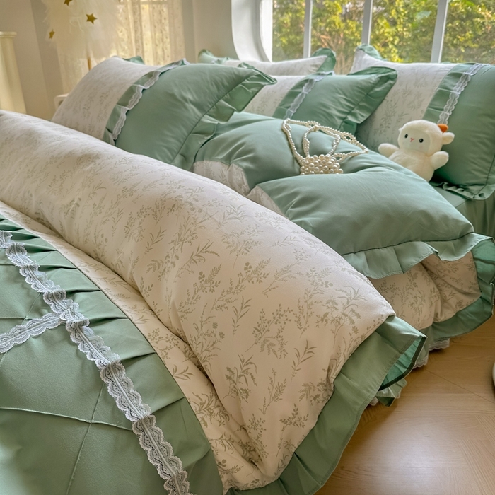 91家纺网 家纺一手货源 找家纺 金米诺 2024新款蝴蝶结韩版蕾丝花边床裙四件套 悠悠香草-米杏