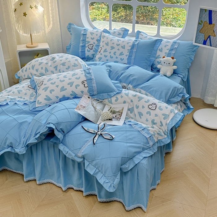 91家纺网 家纺一手货源 找家纺 金米诺 2024新款蝴蝶结韩版蕾丝花边床裙四件套 卡萌-钛白