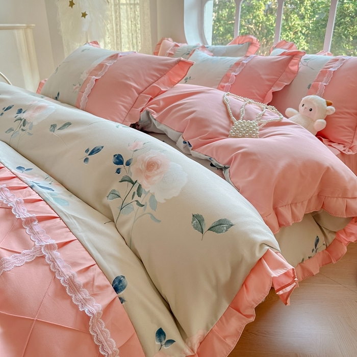 91家纺网 家纺一手货源 找家纺 金米诺 2024新款蝴蝶结韩版蕾丝花边床裙四件套 洛阳花开-米驼