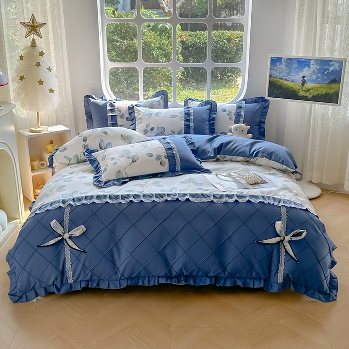 91家纺网 家纺一手货源 找家纺 金米诺 2024新款蝴蝶结韩版蕾丝花边床裙四件套 澜叶-珍珠白