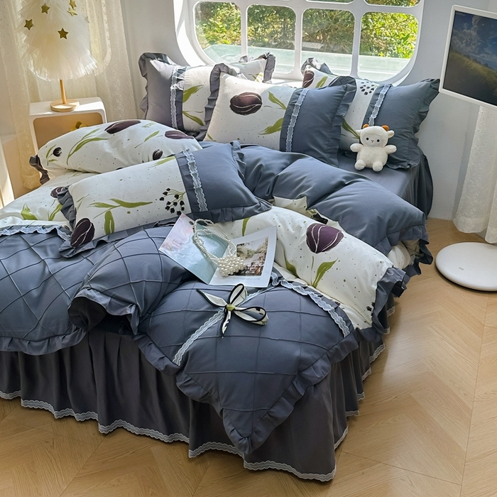 91家纺网 家纺一手货源 找家纺 金米诺 2024新款蝴蝶结韩版蕾丝花边床裙四件套 花暖迎春-米