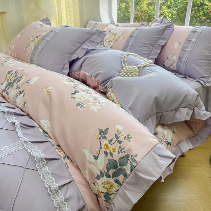 91家纺网 家纺一手货源 找家纺 金米诺 2024新款蝴蝶结韩版蕾丝花边床裙四件套 漫花山影-清新粉