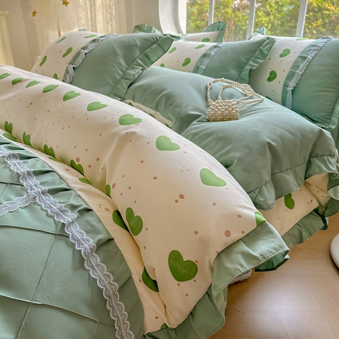 91家纺网 家纺一手货源 找家纺 金米诺 2024新款蝴蝶结韩版蕾丝花边床裙四件套 米可-苹果绿