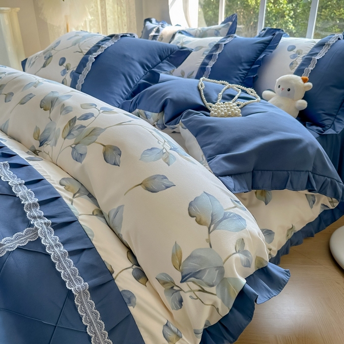 91家纺网 家纺一手货源 找家纺 金米诺 2024新款蝴蝶结韩版蕾丝花边床裙四件套 澜叶-珍珠白