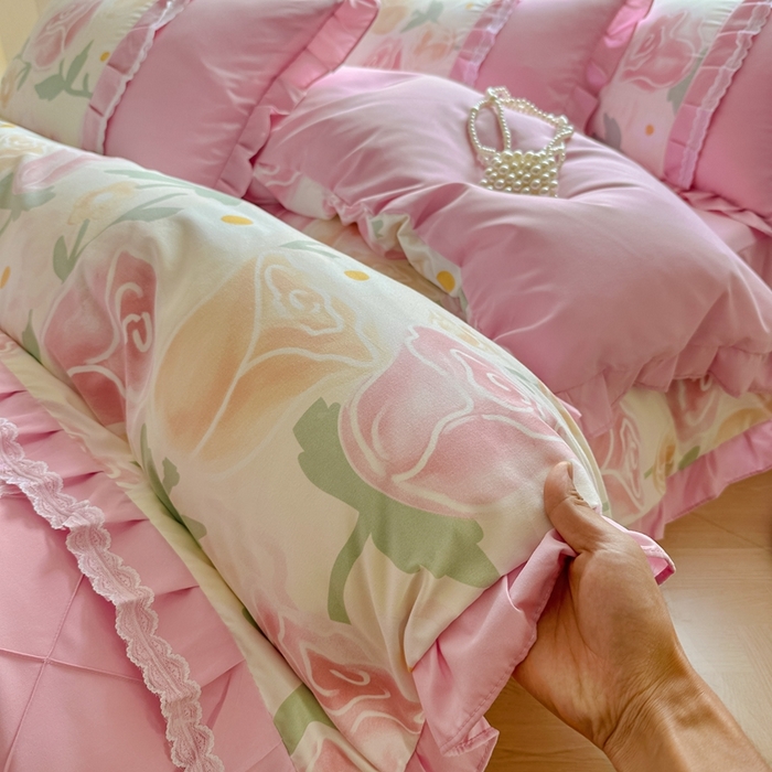 91家纺网 家纺一手货源 找家纺 金米诺 2024新款蝴蝶结韩版蕾丝花边床裙四件套 郁金花开-玫瑰粉