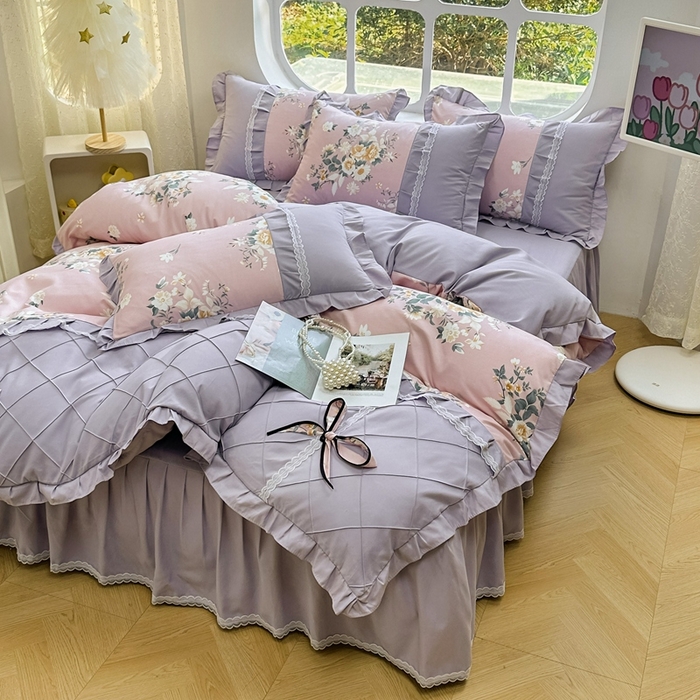 91家纺网 家纺一手货源 找家纺 金米诺 2024新款蝴蝶结韩版蕾丝花边床裙四件套 漫花山影-清新粉