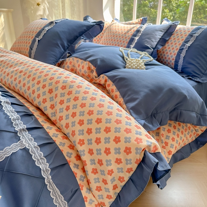 91家纺网 家纺一手货源 找家纺 金米诺 2024新款蝴蝶结韩版蕾丝花边床裙四件套 蒙德里安-香桔