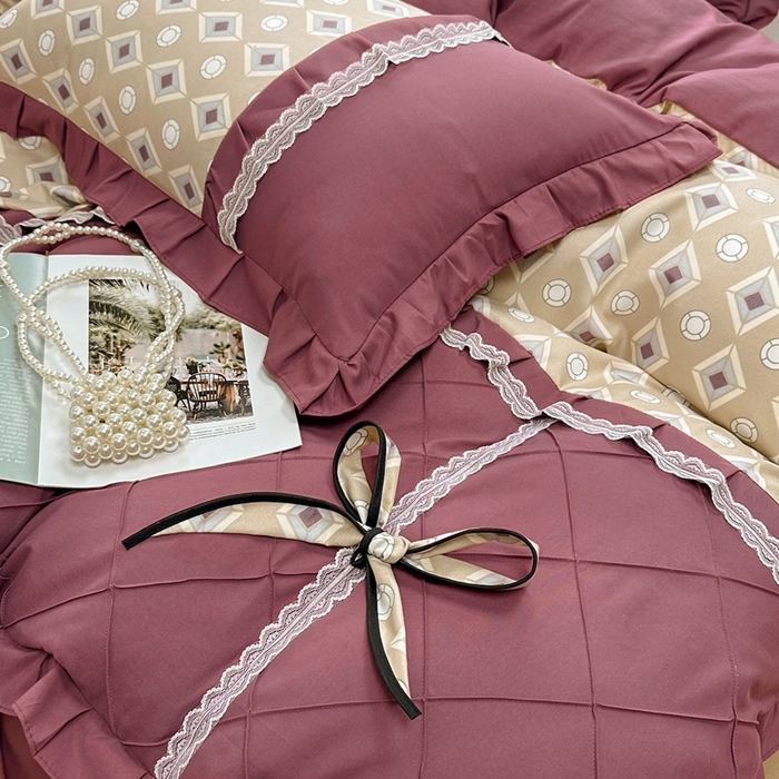 91家纺网 家纺一手货源 找家纺 金米诺 2024新款蝴蝶结韩版蕾丝花边床裙四件套 浮城迷恋-绿灰