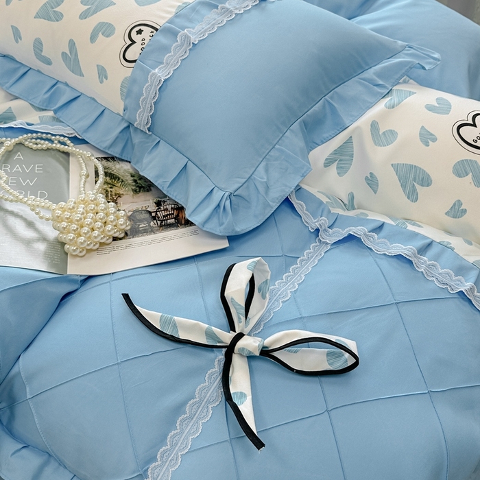 91家纺网 家纺一手货源 找家纺 金米诺 2024新款蝴蝶结韩版蕾丝花边床裙四件套 卡萌-钛白