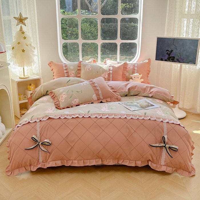 91家纺网 家纺一手货源 找家纺 金米诺 2024新款蝴蝶结韩版蕾丝花边床裙四件套 旋风记忆-温情咖