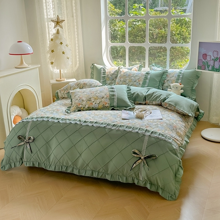 91家纺网 家纺一手货源 找家纺 金米诺 2024新款蝴蝶结韩版蕾丝花边床裙四件套 香草集-灰绿