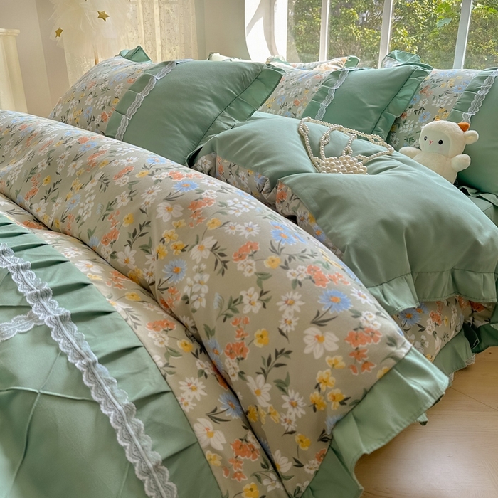 91家纺网 家纺一手货源 找家纺 金米诺 2024新款蝴蝶结韩版蕾丝花边床裙四件套 香草集-灰绿