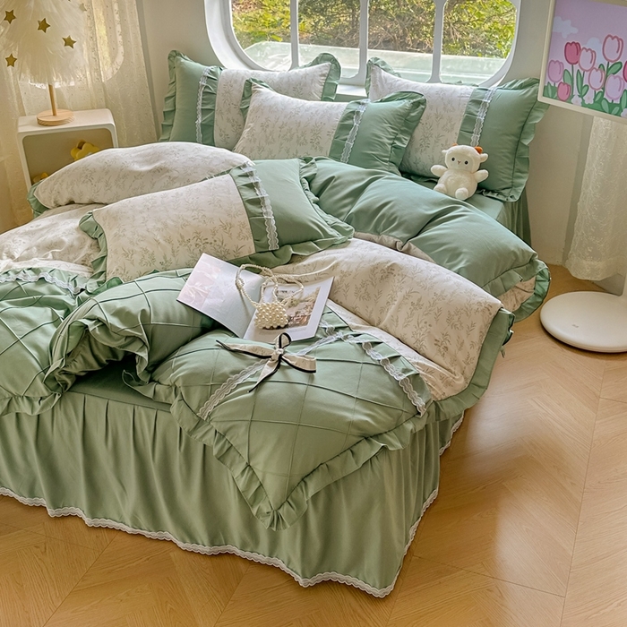 91家纺网 家纺一手货源 找家纺 金米诺 2024新款蝴蝶结韩版蕾丝花边床裙四件套 悠悠香草-米杏