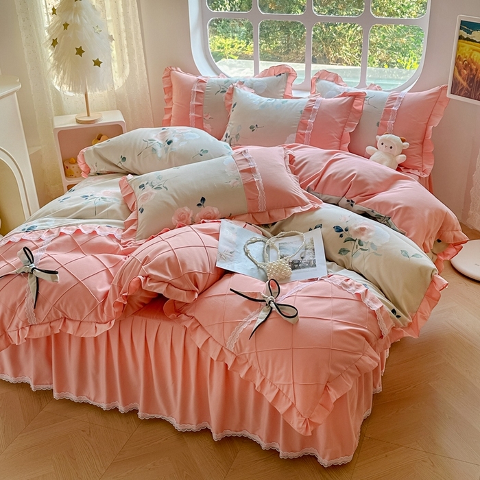 91家纺网 家纺一手货源 找家纺 金米诺 2024新款蝴蝶结韩版蕾丝花边床裙四件套 洛阳花开-米驼