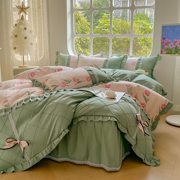 91家纺网 家纺一手货源 找家纺 金米诺 2024新款蝴蝶结韩版蕾丝花边床裙四件套 泫雅-樱桃粉