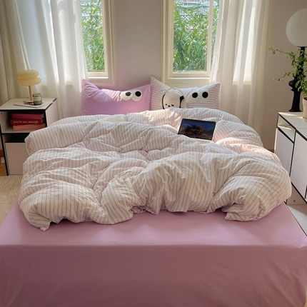 2023新款ins水洗棉色织大眼睛毛巾绣花多巴胺少女纯棉系列四件套 水洗棉-大眼紫紫条