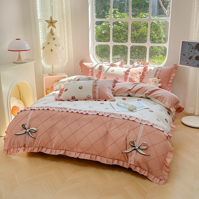 91家纺网 家纺一手货源 找家纺 金米诺 2024新款蝴蝶结韩版蕾丝花边床裙四件套 锦恋-太妃咖