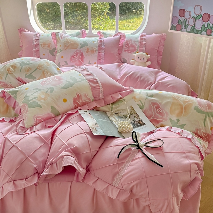 91家纺网 家纺一手货源 找家纺 金米诺 2024新款蝴蝶结韩版蕾丝花边床裙四件套 郁金花开-玫瑰粉