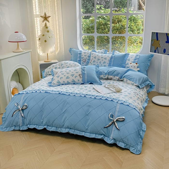 91家纺网 家纺一手货源 找家纺 金米诺 2024新款蝴蝶结韩版蕾丝花边床裙四件套 卡萌-钛白