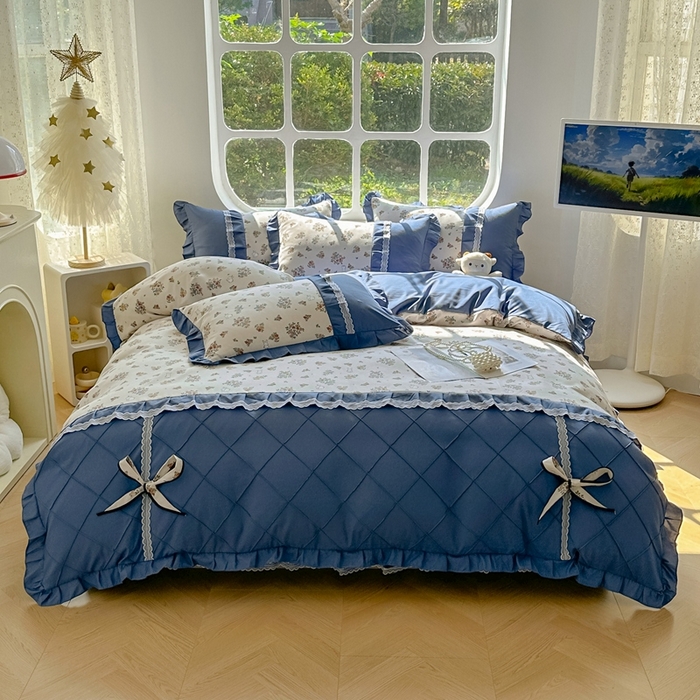 91家纺网 家纺一手货源 找家纺 金米诺 2024新款蝴蝶结韩版蕾丝花边床裙四件套 爱丽丝花园