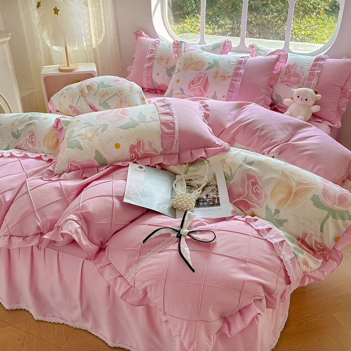 91家纺网 家纺一手货源 找家纺 金米诺 2024新款蝴蝶结韩版蕾丝花边床裙四件套 郁金花开-玫瑰粉