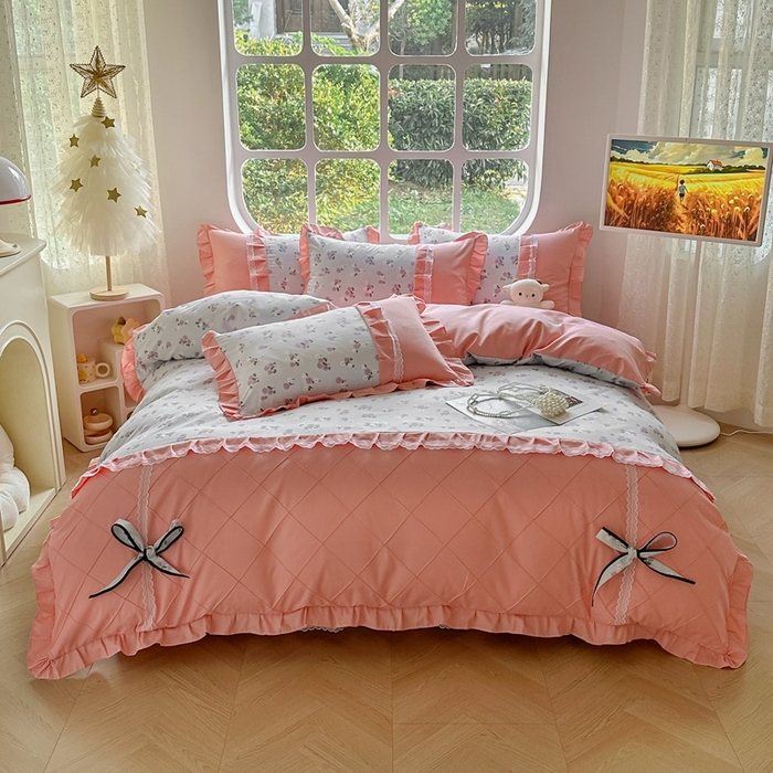 91家纺网 家纺一手货源 找家纺 金米诺 2024新款蝴蝶结韩版蕾丝花边床裙四件套 锦香婷-沁蓝