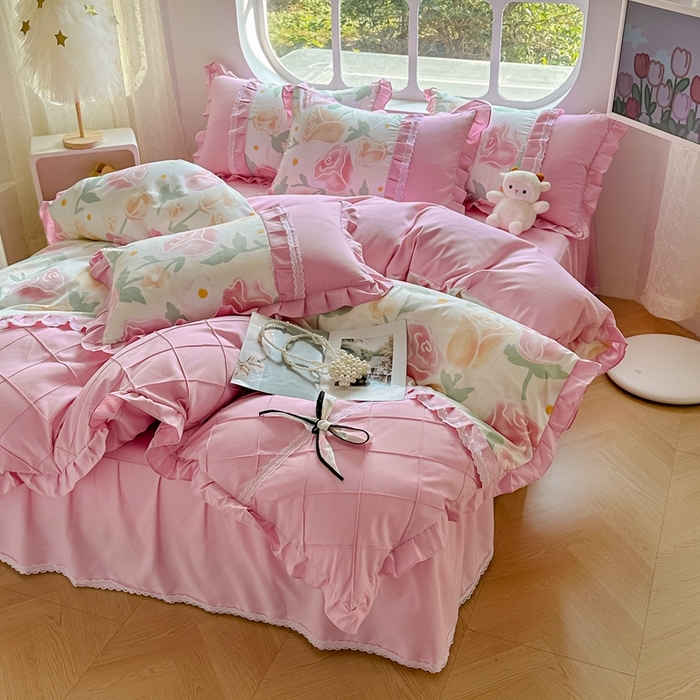 91家纺网 家纺一手货源 找家纺 金米诺 2024新款蝴蝶结韩版蕾丝花边床裙四件套 郁金花开-玫瑰粉