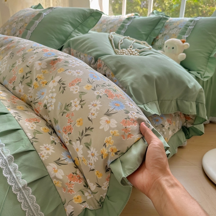 91家纺网 家纺一手货源 找家纺 金米诺 2024新款蝴蝶结韩版蕾丝花边床裙四件套 香草集-灰绿