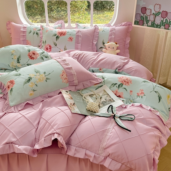 91家纺网 家纺一手货源 找家纺 金米诺 2024新款蝴蝶结韩版蕾丝花边床裙四件套 思郁法情-浅蓝