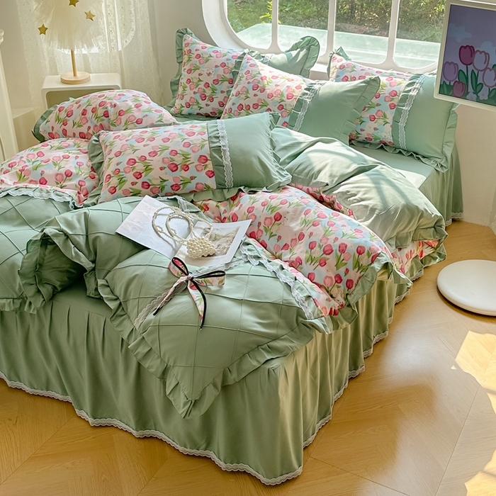 91家纺网 家纺一手货源 找家纺 （总）金米诺 2024新款蝴蝶结韩版蕾丝花边床裙四件套