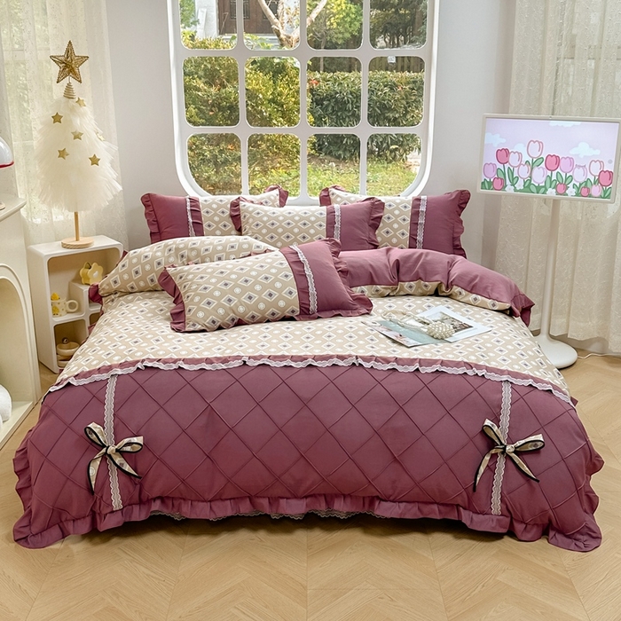 91家纺网 家纺一手货源 找家纺 金米诺 2024新款蝴蝶结韩版蕾丝花边床裙四件套 浮城迷恋-绿灰