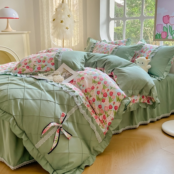 91家纺网 家纺一手货源 找家纺 （总）金米诺 2024新款蝴蝶结韩版蕾丝花边床裙四件套