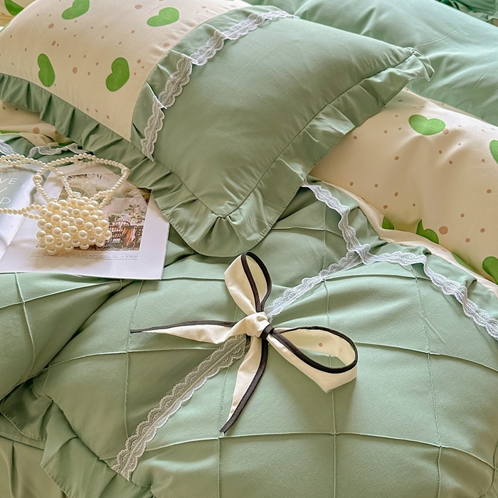 91家纺网 家纺一手货源 找家纺 金米诺 2024新款蝴蝶结韩版蕾丝花边床裙四件套 米可-苹果绿