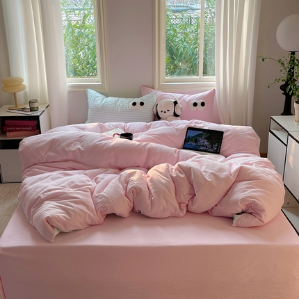 2023新款ins水洗棉色织大眼睛毛巾绣花多巴胺少女纯棉系列四件套 水洗棉-大眼蓝条粉2