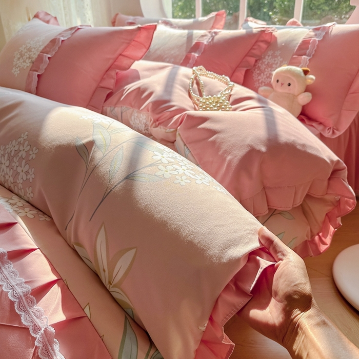 91家纺网 家纺一手货源 找家纺 金米诺 2024新款蝴蝶结韩版蕾丝花边床裙四件套 沐辰花开-芙蓉玉