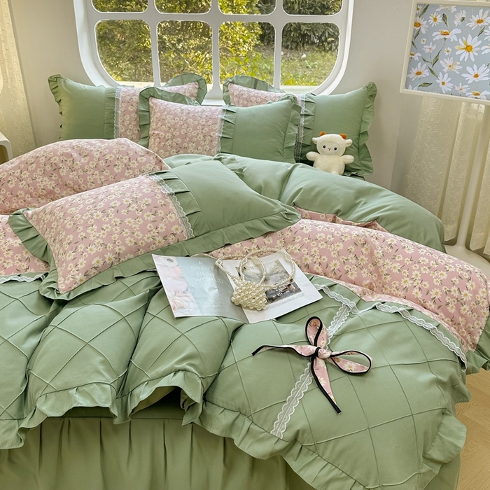 91家纺网 家纺一手货源 找家纺 金米诺 2024新款蝴蝶结韩版蕾丝花边床裙四件套 小雏菊-樱花粉