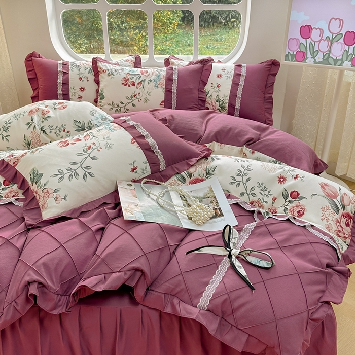 91家纺网 家纺一手货源 找家纺 金米诺 2024新款蝴蝶结韩版蕾丝花边床裙四件套 满园春色-清新白