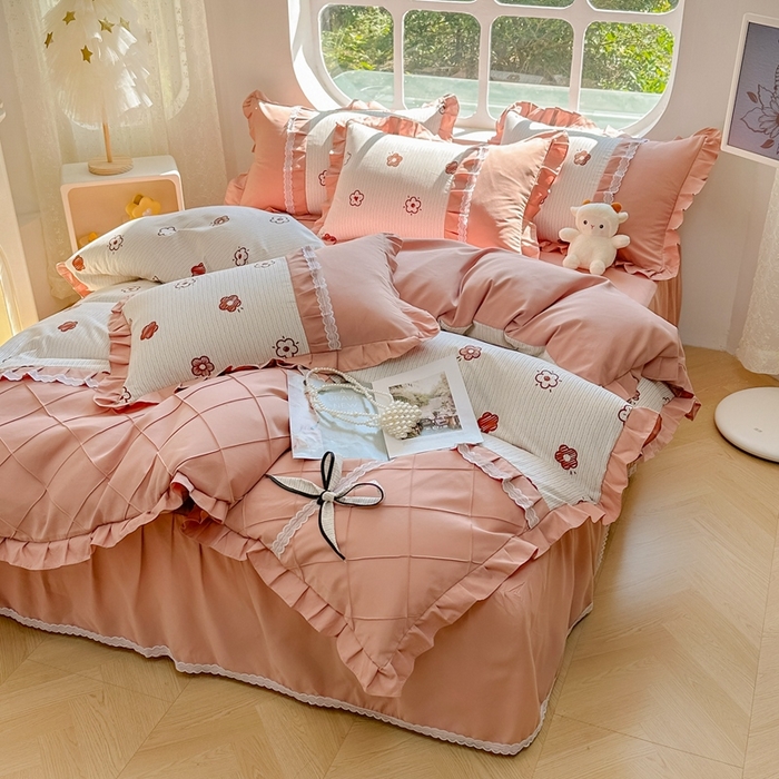 91家纺网 家纺一手货源 找家纺 金米诺 2024新款蝴蝶结韩版蕾丝花边床裙四件套 锦恋-太妃咖