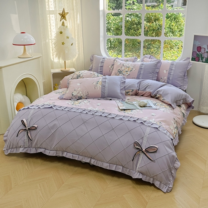 91家纺网 家纺一手货源 找家纺 金米诺 2024新款蝴蝶结韩版蕾丝花边床裙四件套 漫花山影-清新粉